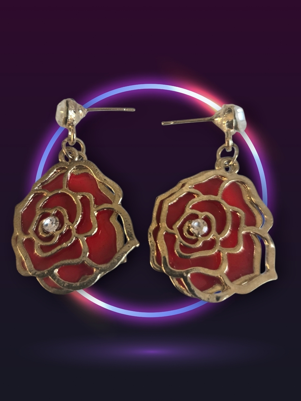 Gold-Trim Red Rose Drop Earrings - Women Jewelry